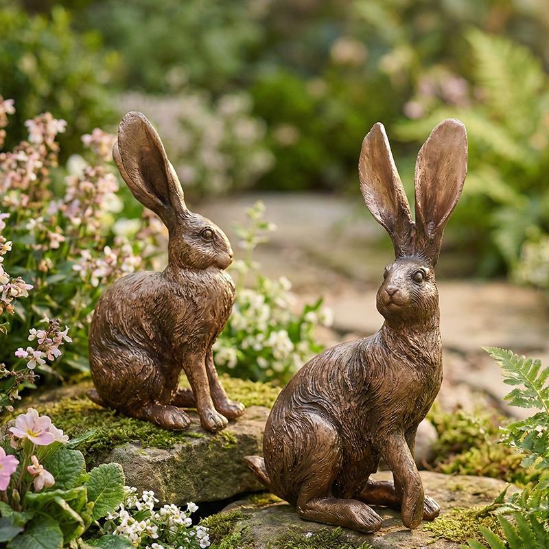 Aged Antique Bronze Long-Eared Rabbit Ornament for Garden and Photos