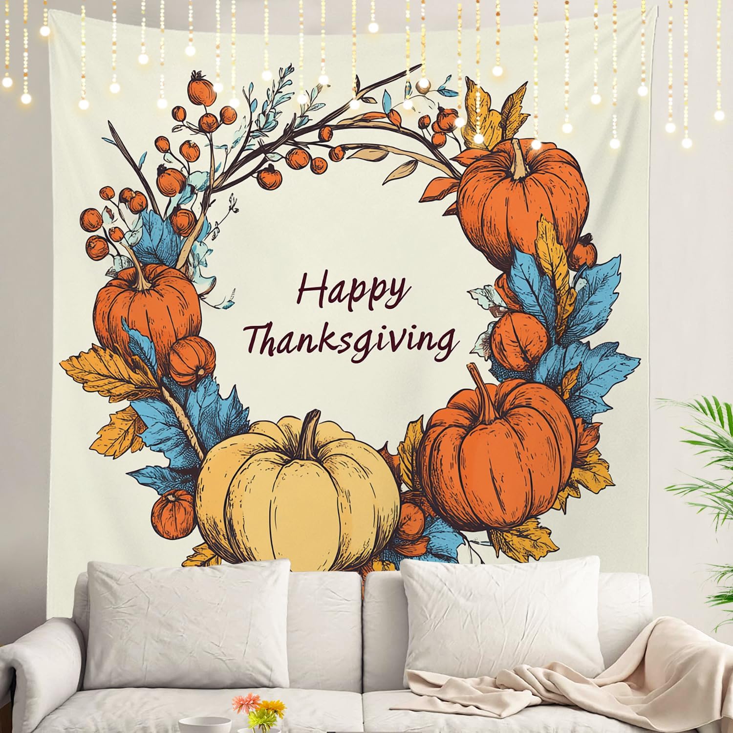 

Thanksgiving Tapestry Pumpkin Autumn Leaves Wall Art Festive Fall Decor for Dorm Bedroom 512x591 74x94cm(29x37in)