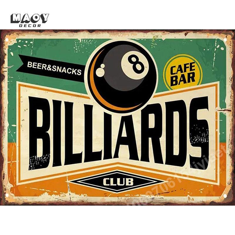 Retro Billiards Club Tin Sign Cafe Bar Beer Pub Snacks Wall Art Decoration Man Cave Vintage Metal Tin Signs Paintings Plates
