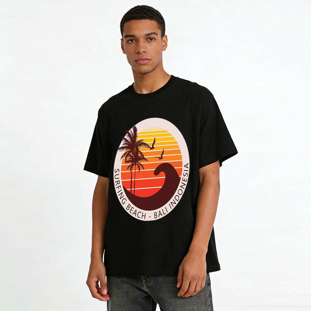 Surfing Beach Bali Indonesia Coconut Tree Sunset Print Casual T-shirt Pure Cotton T-shirt