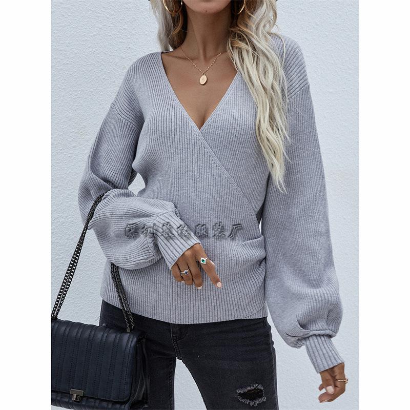 Autumn and Winter Cross V-neck Solid Color Knitted Sweater European and American Women's Clothing Pullover Needle Loose Sweater Women