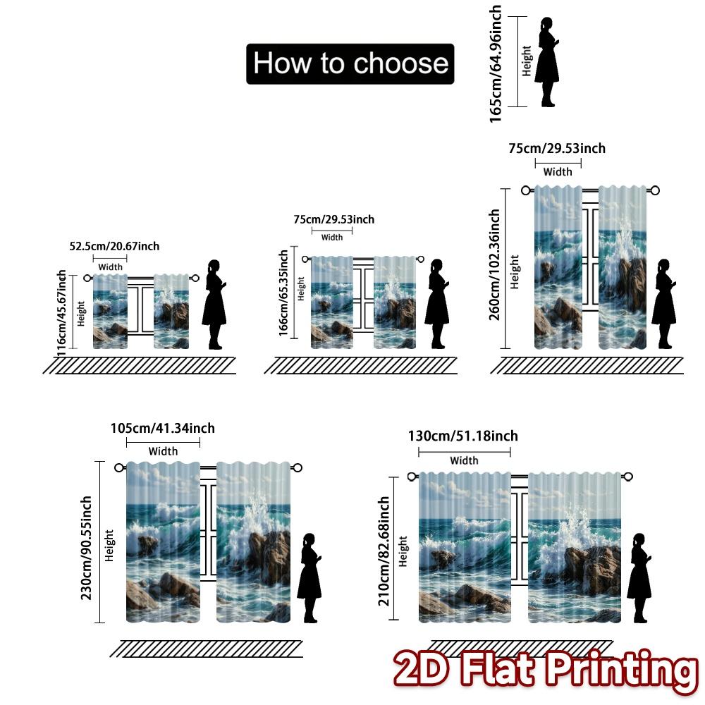2pcs, 2D FLAT PRINTING Curtains (Without Rod) Ocean Clash Chic Curtains Prints Light Filtering Curtains Room Decor Perfect for