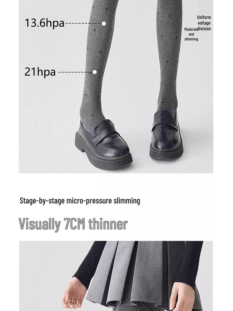 Women's Gray Polka Dot Fleece-Lined Leggings - Autumn/Winter Slimming Vertical Stripe Thickened Pantyhose