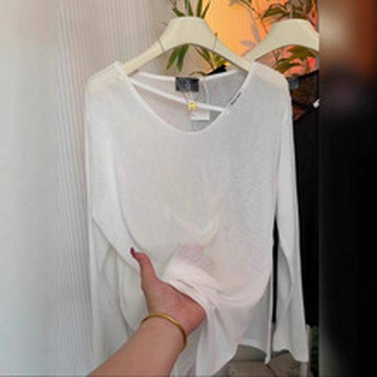 White Layered Modal Slouchy T-Shirt: Long-Sleeve, Slim Fit, Sheer, Sun Protection, Autumn/Winter.