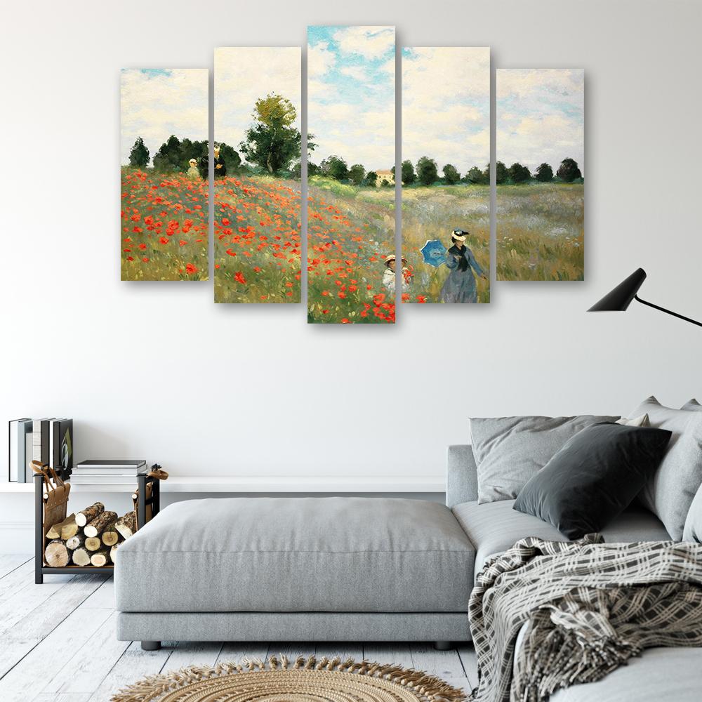 Five Piece Picture Canvas Print Field of Poppies Claude Monet