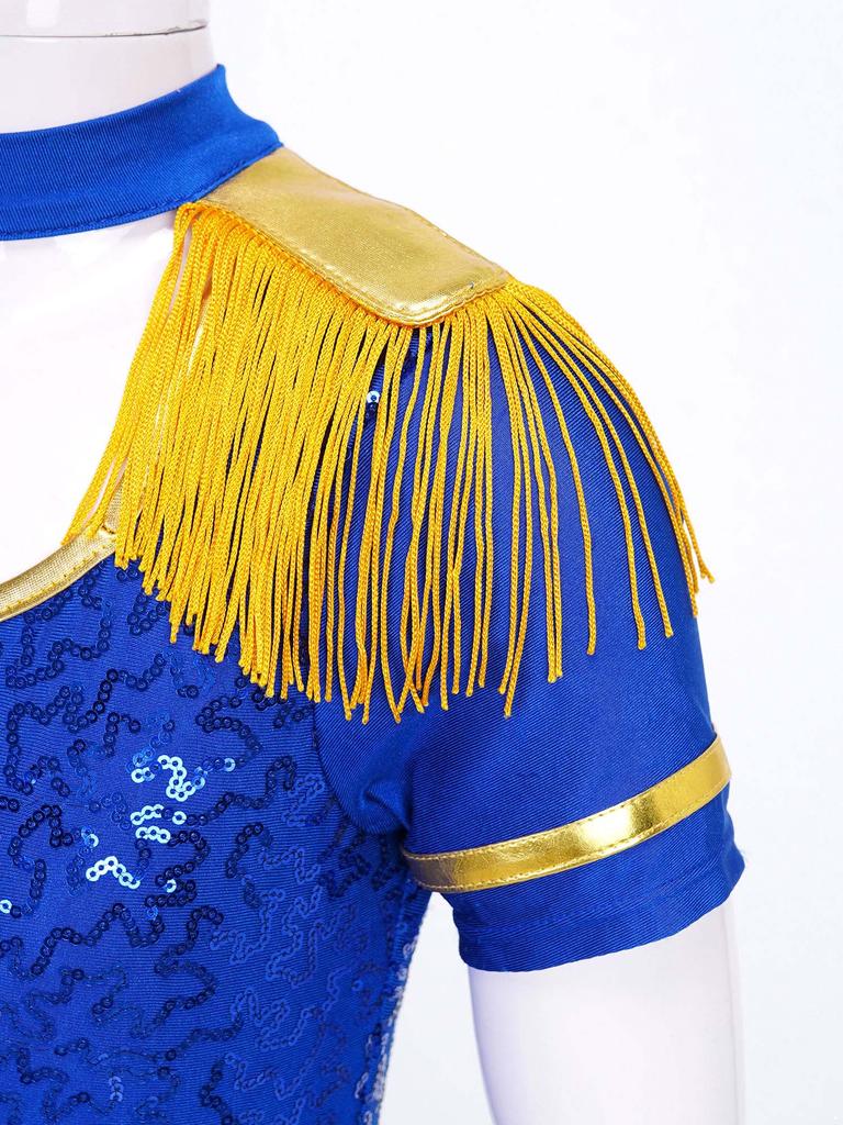 Mädchen Ehrengarde Zirkuskleid Kostüme Glänzende Pailletten Goldene Quasten Epauletten Eingebauter Slip Bühnenkleidung