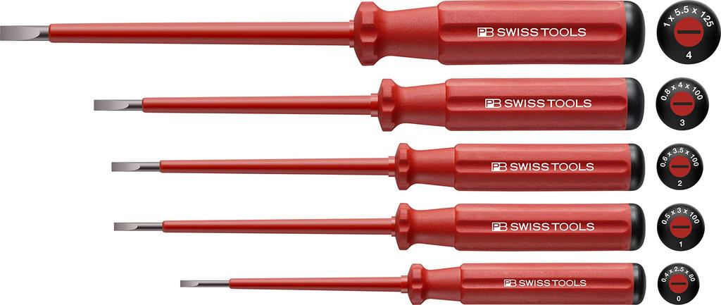 PB Swiss Tools 5-Piece SwissGrip Classic Handle Insulated Flathead Screwdriver Set (0.4 x 2.5, 0.5 x 3, 0.6 x 3.5, 0.8 x 4, 1 x 5.5mm) 5538