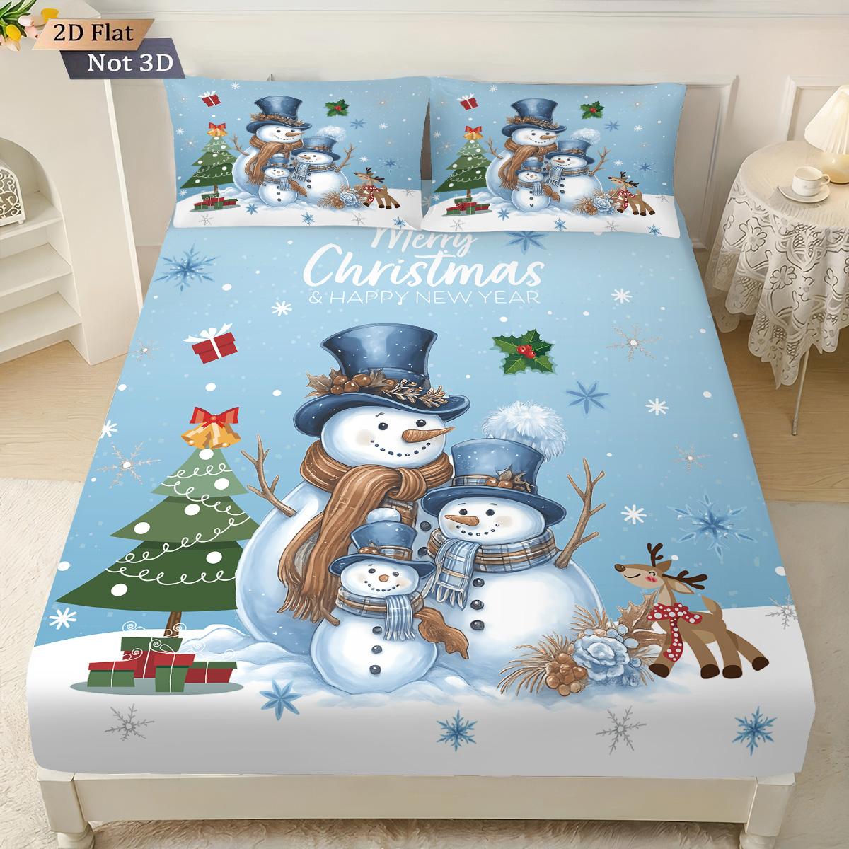 

3Pcs Blue Christmas Snowman Print Coreless Bed Sheet Set Multi Size Soft Bedcover Bedroom Bedding Decoration Machine Washable 90x191cm