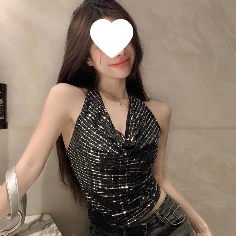 

Блестящий топ-халтер с вырезом-хомутом из пайеток - Без спины и без рукавов для лета Small