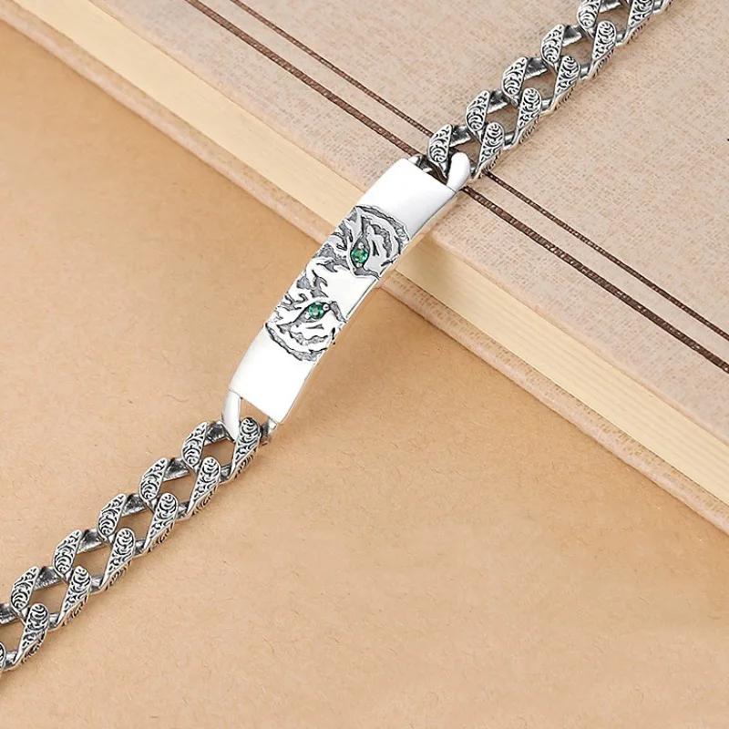 Silver Hip-Hop Stil Tigermönster Kubansk Glansig Grön Zirkon Armband för Män Parstil Kedja Armringar berlock