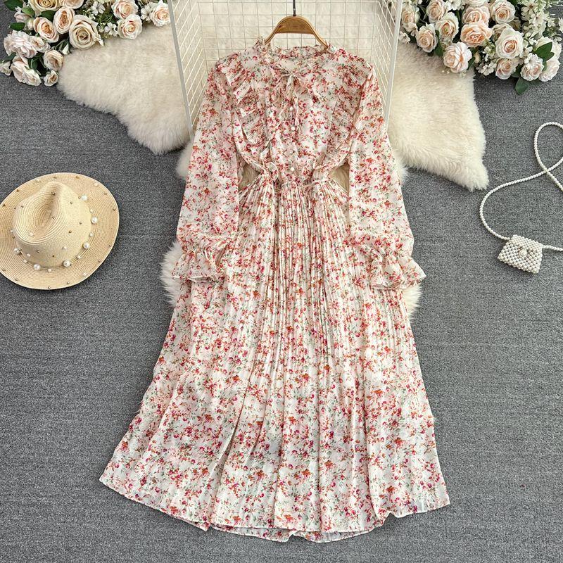 

Spring and Autumn Gentle Sweet round Neck Chiffon Dress Apricot color One size