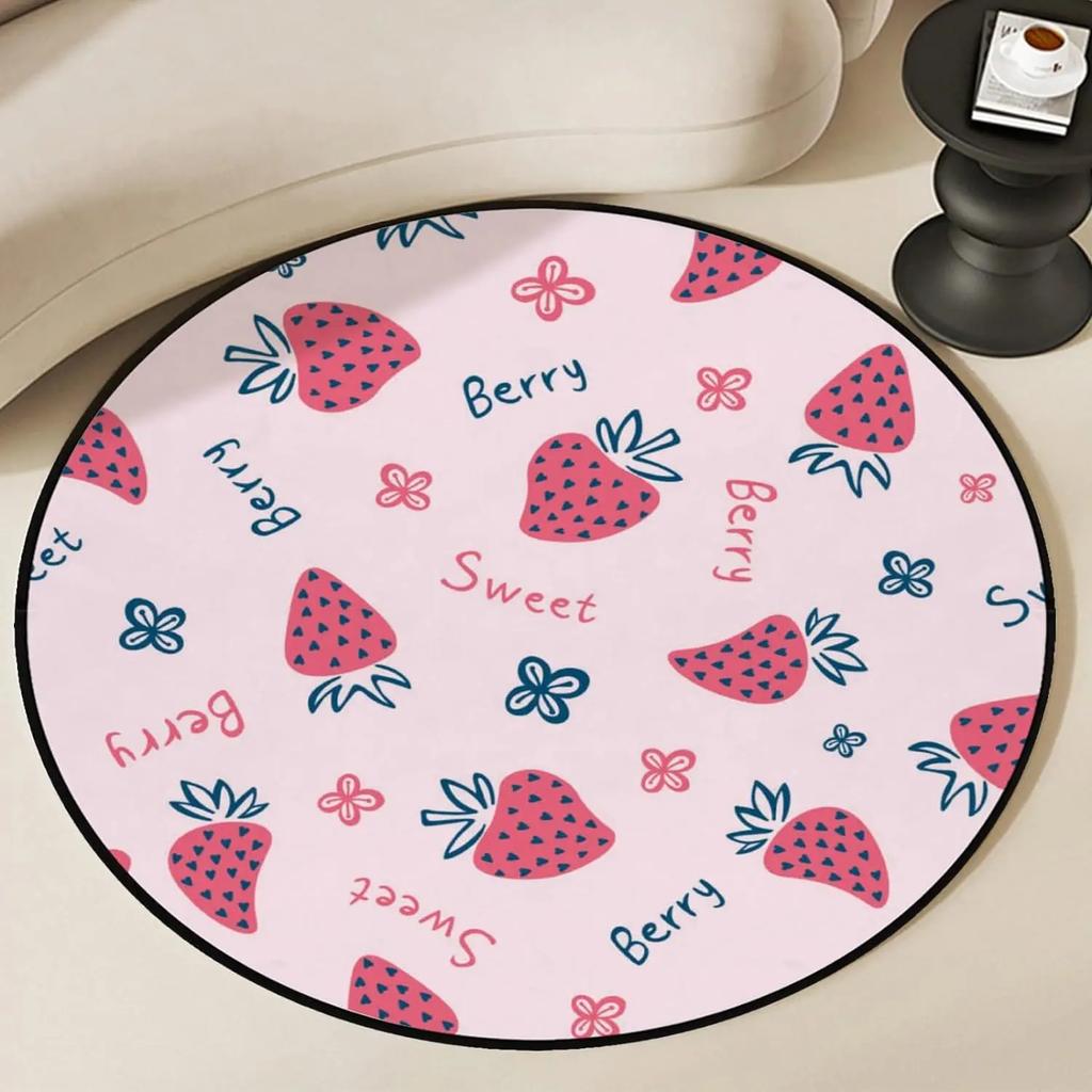 Fruit Strawberry Leaf Area Rug Round Carpet for Office Laundry Study Living Room Bedroom Circle Throw Rugs Non-Slip Floor Mat