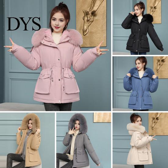 Warm Cotton Jacket Women Winter Coat Thick Plush Furry Hooded Long Sleeves Pockets Lightweight Puffer Drawstring Waist Zip-up Windproof Mid