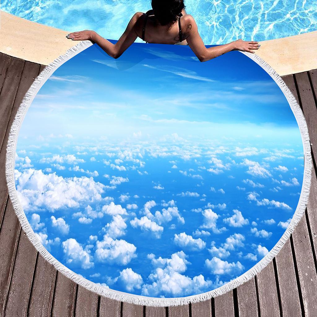 Sky Cloud Print Round Beach Towel, Microfiber Sand Free Quick Dry Circle Bath Towel Absorbent Tropical Meditation Rug Yoga Mat