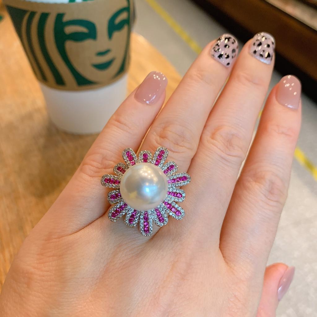 Pearl Micro Set Red Treasure Diamond Ring Fashion Adjustable Ring