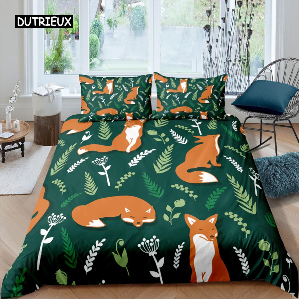 Cartoon Fuchs König Königin Bettbezug Lieblich Orange Tier Floral Bettwäsche Set Kinder Mädchen Blumen Pflanze 2/3tlg. Polyester Steppdeckenbezug