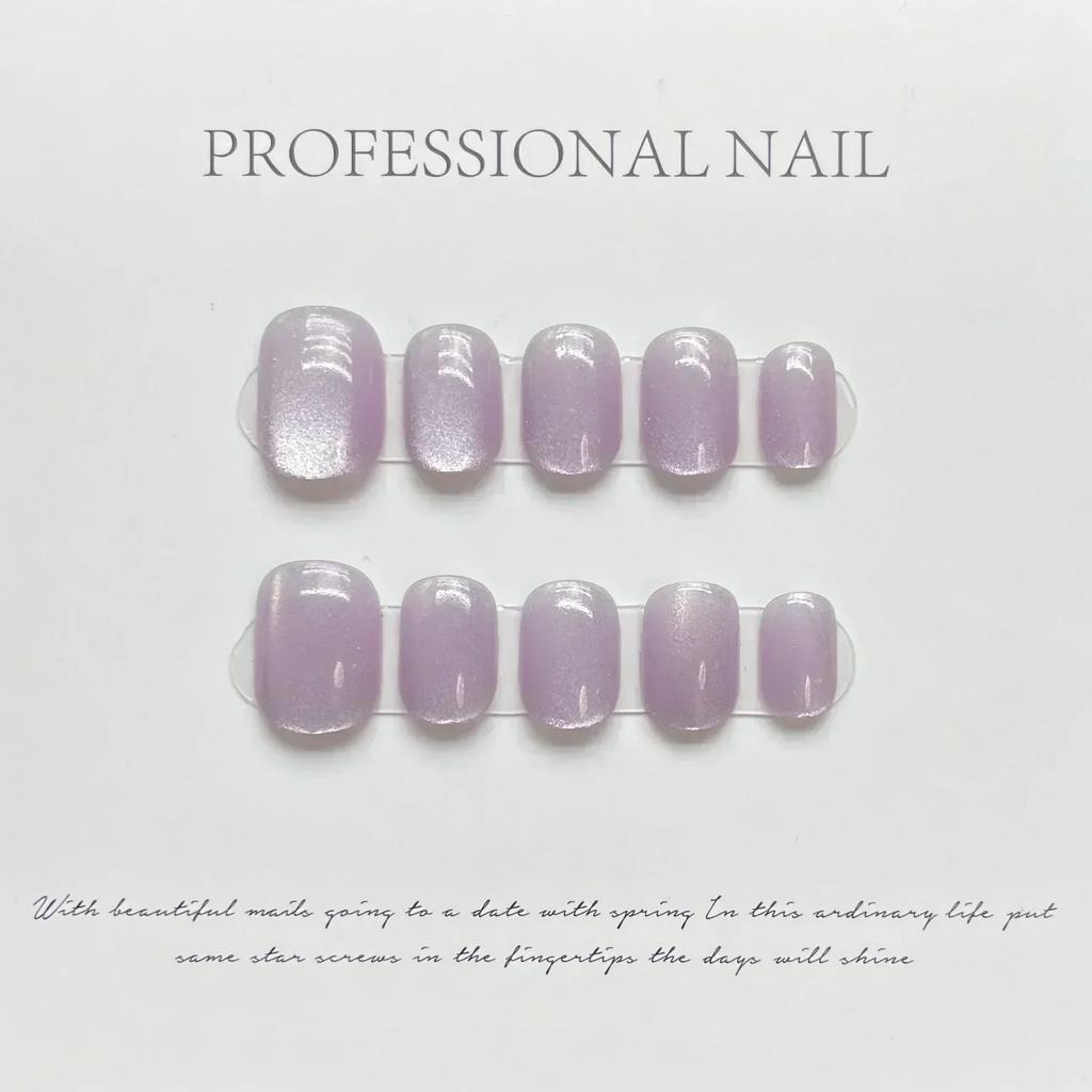 10Pcs Handmade White Cat Eye Short Ballerina Press On Nails Full Cover False Nail Tips Art Decoration