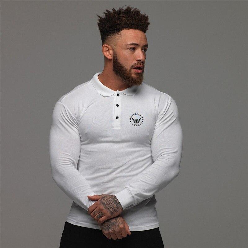 Muscleguys T-shirt da uomo primavera e autunno con colletto rovesciato, moda, traspiranti, business casual, a maniche lunghe, top da lavoro, bottoni delicati