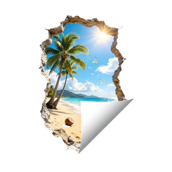 3D Broken Wall Ocean View Sticker Coconut Tree Beach Decorative A