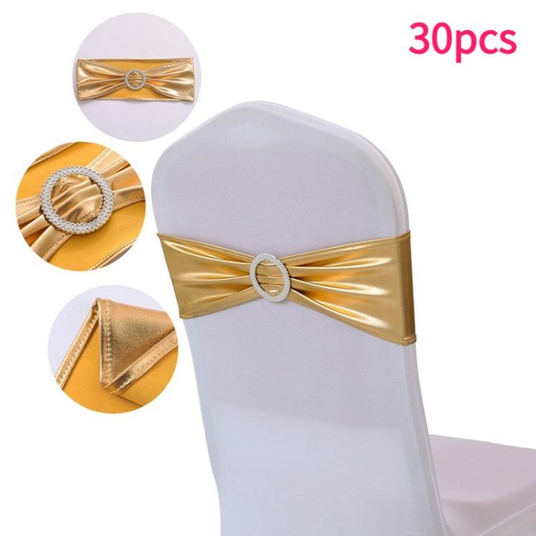 30pcs Elegant Golden Bow Chair Belts Elastic Bow Ribbon Chairs Back Decoration Gold Foil Tie Neatly Sewn Edges Sparkling Buckle