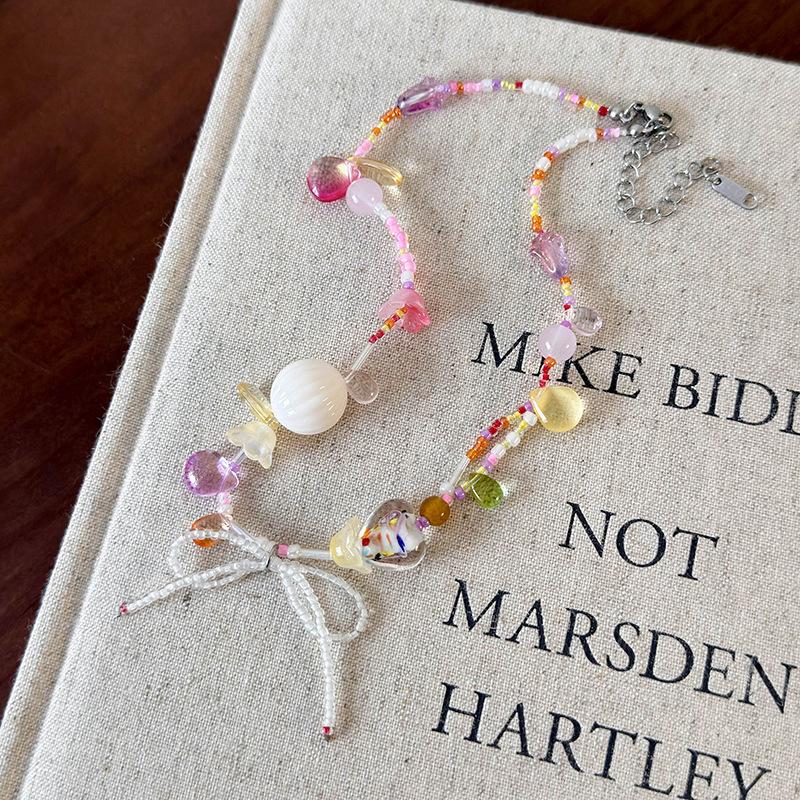 Summer Colorful Beaded Bow Necklace Women's New Dopamine Choker Sweet Spice Collarbone Chain