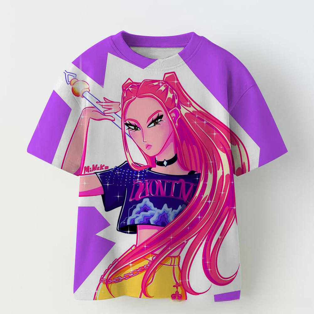 KPOP Demon Slayer Collaboration 3D Digital Print Summer Girls' Casual Fashion Round Neck Short Sleeve T-Shirt Parent-Child Outfit
