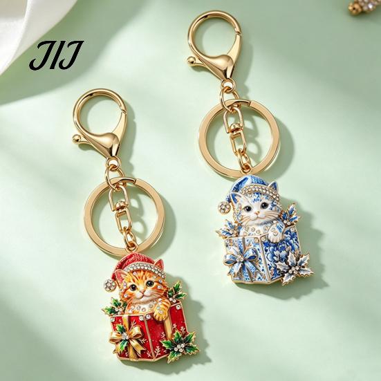 Christmas Cat Keychain Gift Box Keychain, Bling Rhinestone Kitten Keyring Portable Backpack Charm Pendant, Handbag Decorative Accessory for