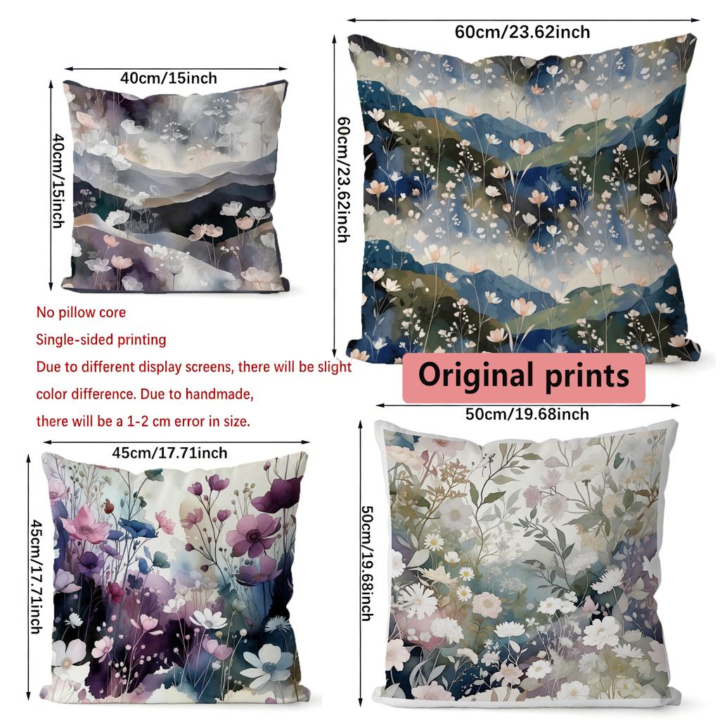 Watercolor Wildflower Mountain Landscape Throw Pattern Cushion Cover Suitable For Sofa Bedroom Car Pillow Cover