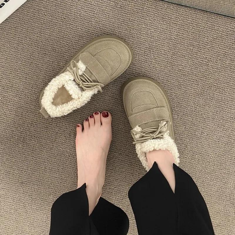 Fashion 2024 New Flat Heel Lace Boots Australia Winter Shoes for Women Plush Round Toe Boots Women Fur Lolita Rubber Ladies 35-40