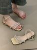 French temperament celebrity design sense niche square head sandals women summer wear word with rhinestone thick heel