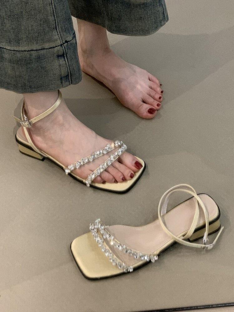 French temperament celebrity design sense niche square head sandals women summer wear word with rhinestone thick heel