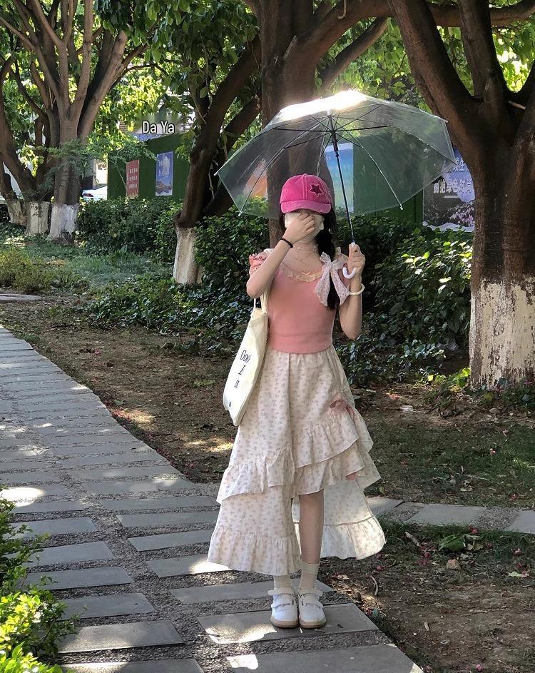 zZZZ Floral Bow Drawstring Midi Skirt - Irregular Hem, High Waist A-Line for Petites, Girly Style