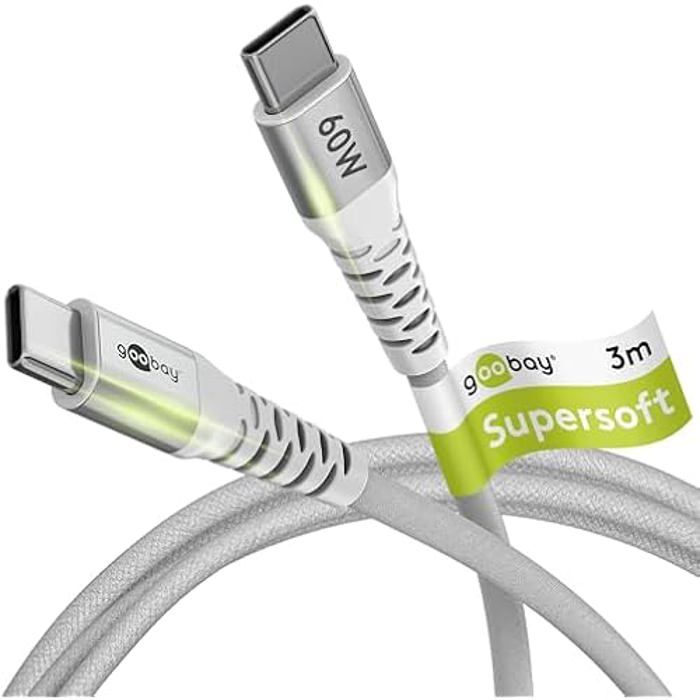 Câble de charge usb-c - goobay - 70195 - 60w - 3m - tressé en tissu résistant