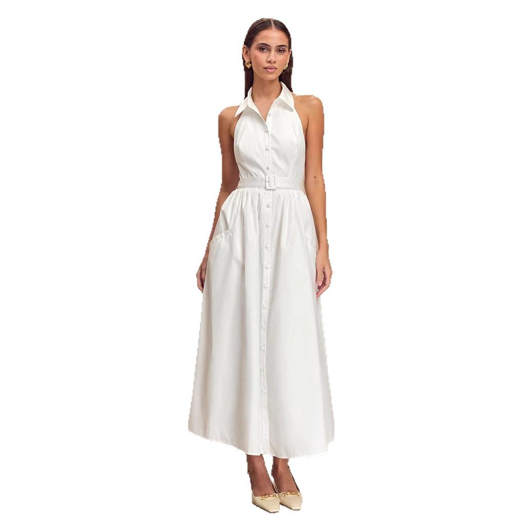 Dress European and American spring and summer new temperament commuter lapel off shoulder backless long neck dress