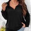 Autumn Winter Large Size Women's Solid Color Tops V-shaped Lapel Collar Pit Striped Brushed Long Sleeve T-shirt