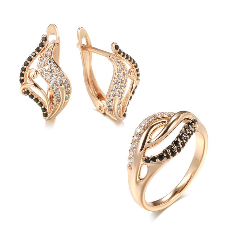 

New Rose Gold Leaf Earrings Ring Sets For Women Bling Natural Black Zircon Fine Earrings Elegant Wedding Jewelry Sets 7