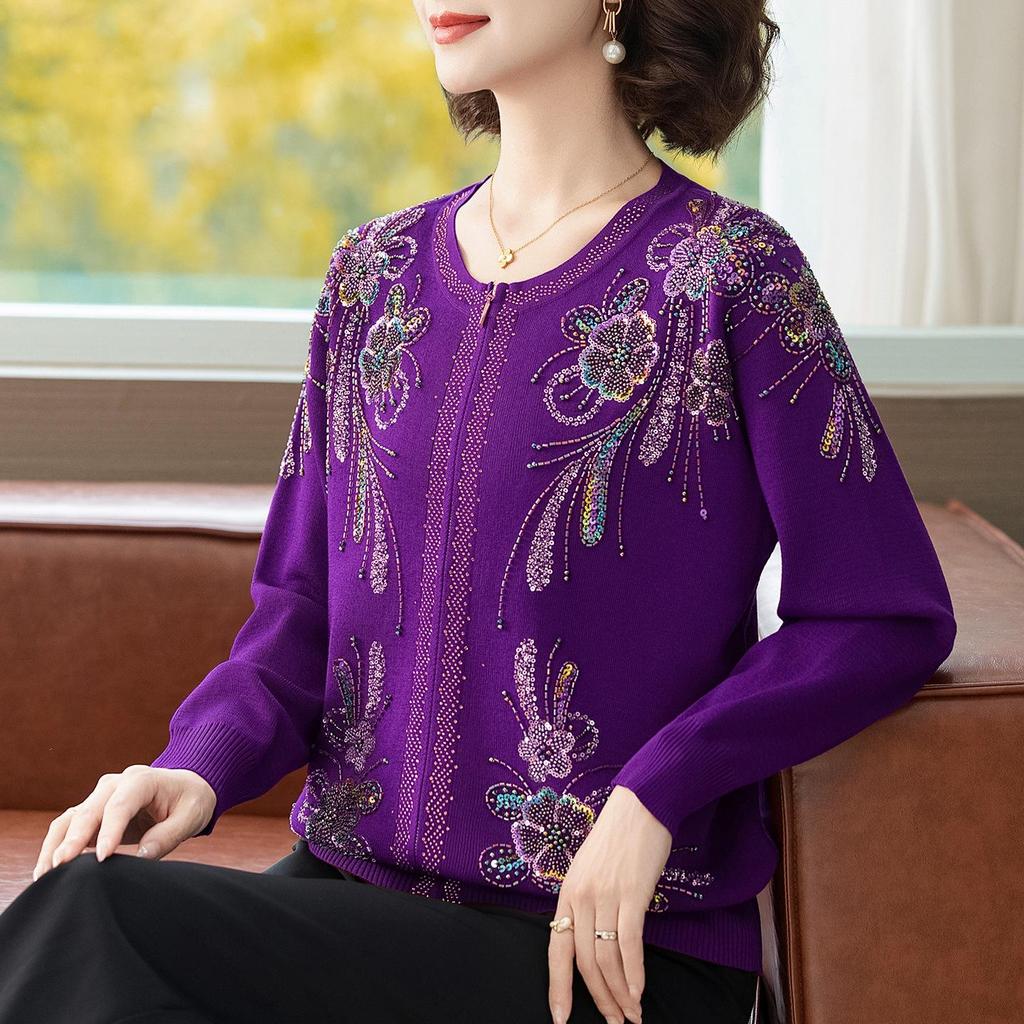 Cardigan Pesante Autunno/Inverno da Donna con Ricamo di Fiori Farfalla & Perline a Mano