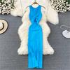 Vestido de Punto Minimalista sin Espalda para Mujer Verano SSólido de Punto sin Mangas Ajustado sin Mangas Sexy Bodycon Vestido Camiseta
