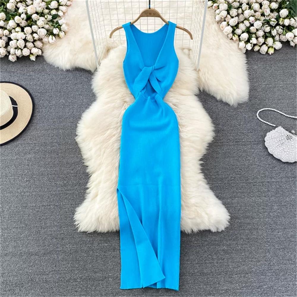 Vestido de Punto Minimalista sin Espalda para Mujer Verano SSólido de Punto sin Mangas Ajustado sin Mangas Sexy Bodycon Vestido Camiseta