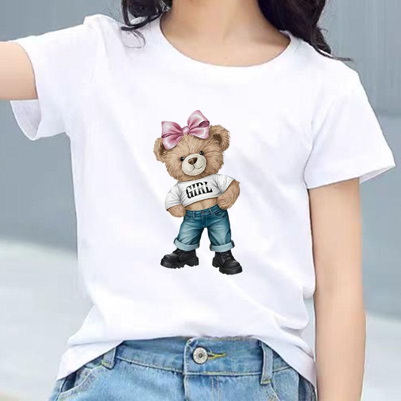 Girl Bear With Pink Bow Graphic Tee Kids Pure Cotton Crew Neck T Shirt Short Sleeve Muticolor Tops For Boys Girls Children