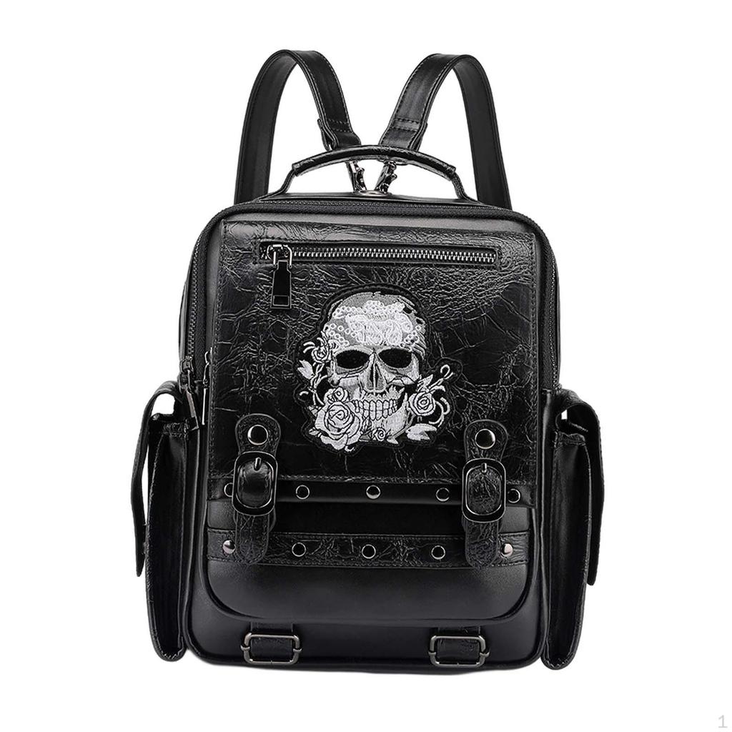 Skull Laptop Backpack, Embroidered punk Hiking Daypack Leather Backpack for shopping Boy Men