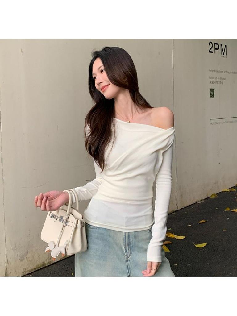 Women's Asymmetrical Off-Shoulder Slim-Fit Long Sleeve Top in White - Autumn 2025 Design