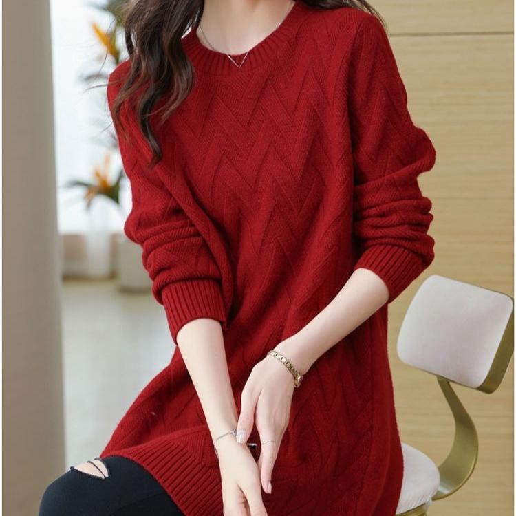 Women's Mid-length Sweater Loose Korean Style Large Size Pullover Outer Wear Pure Color Casual Long-sleeved Knitted Shirt
