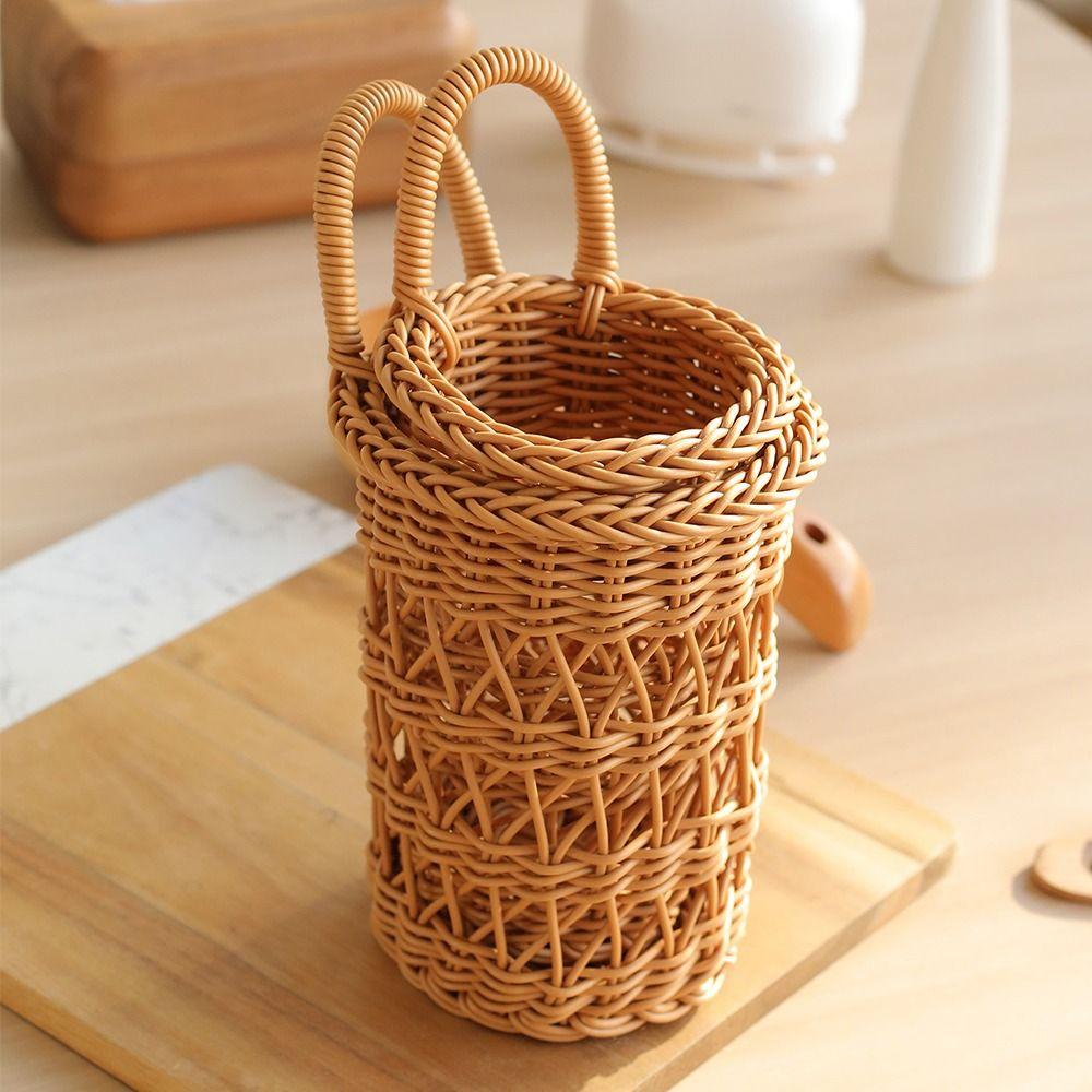 Hollow Faux Rattan Basket Hanging Handle Wall Storage Basket New Hanging Basket  Bathroom Storage