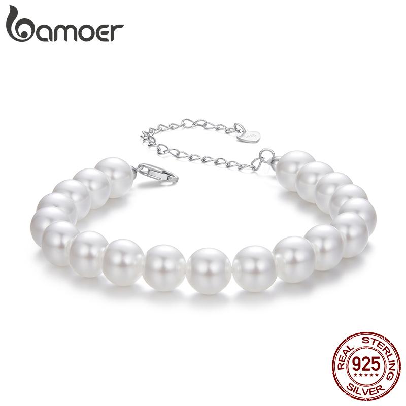 

BAMOER White Pearl Bracelets for Women, 925 Silver Adjustable Clasp Chain Faux Pearl Beaded Bracelets Bridal Wedding Jewelry 16+7cm белый