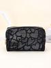 1pc Women Makeup Bag, Mesh Heart Flocked Decor,  Minimalist Mesh Heart Design Large Capacity, For Daily Use & Travel Makeup