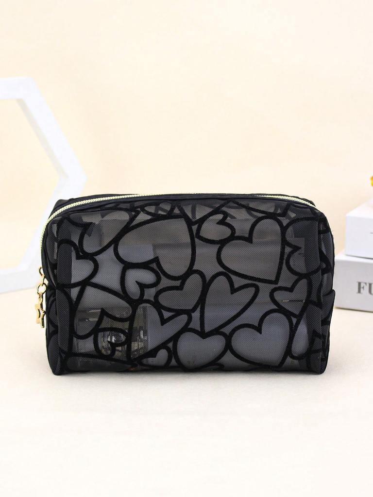 1pc Women Makeup Bag, Mesh Heart Flocked Decor,  Minimalist Mesh Heart Design Large Capacity, For Daily Use & Travel Makeup