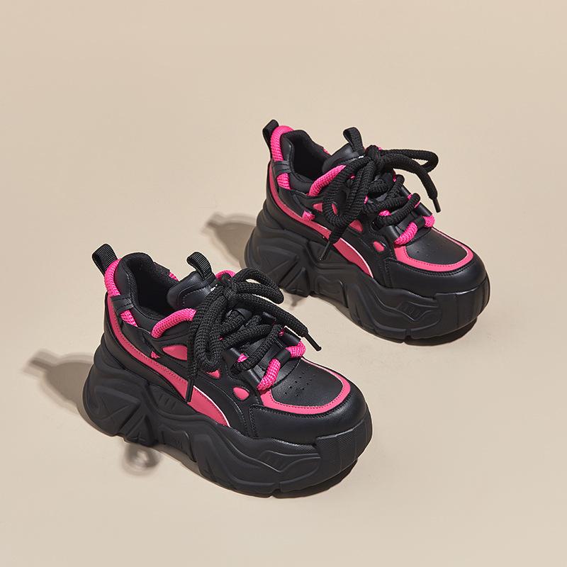 Leather Muffin Platform Dad Shoes Women's Autumn New Round Head Lace-up Inner Height-increasing Women's Shoes Versatile Sports Shoes