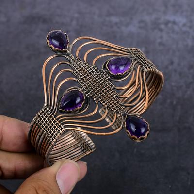 Amethyst Edelstein Handgefertigt Kupferdraht Wickel Armreif Verstellbar A1i25
