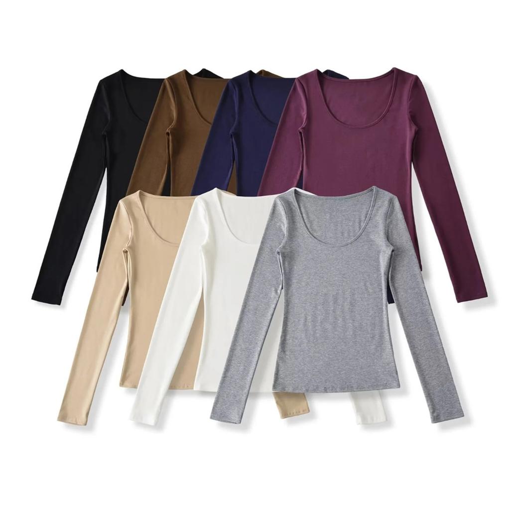 Women's U Neck Long Sleeve Tee Shirt Slim Fit Stretch Basic Solid Color Casual Tunic Top